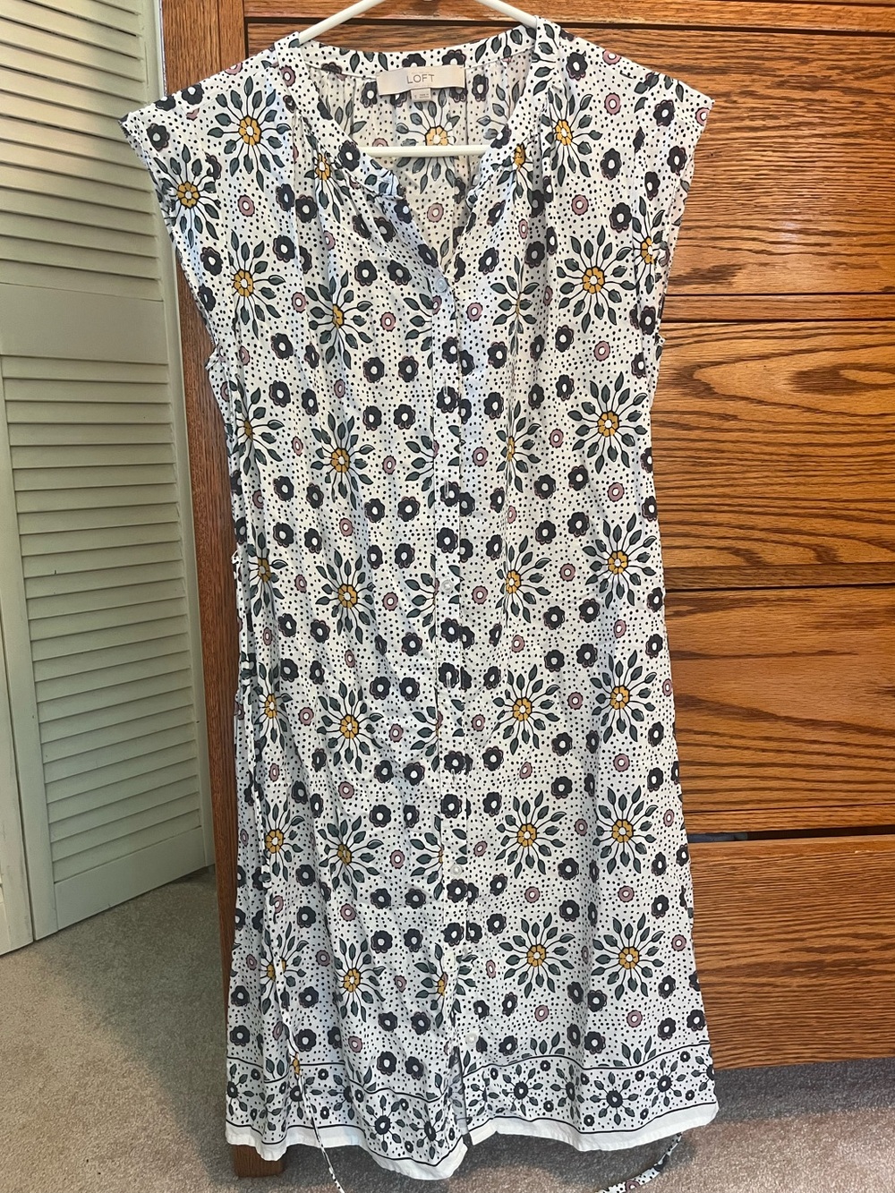 LOFT White Sleeveless Button-Front Dress with Navy Blue & Yellow Floral Print